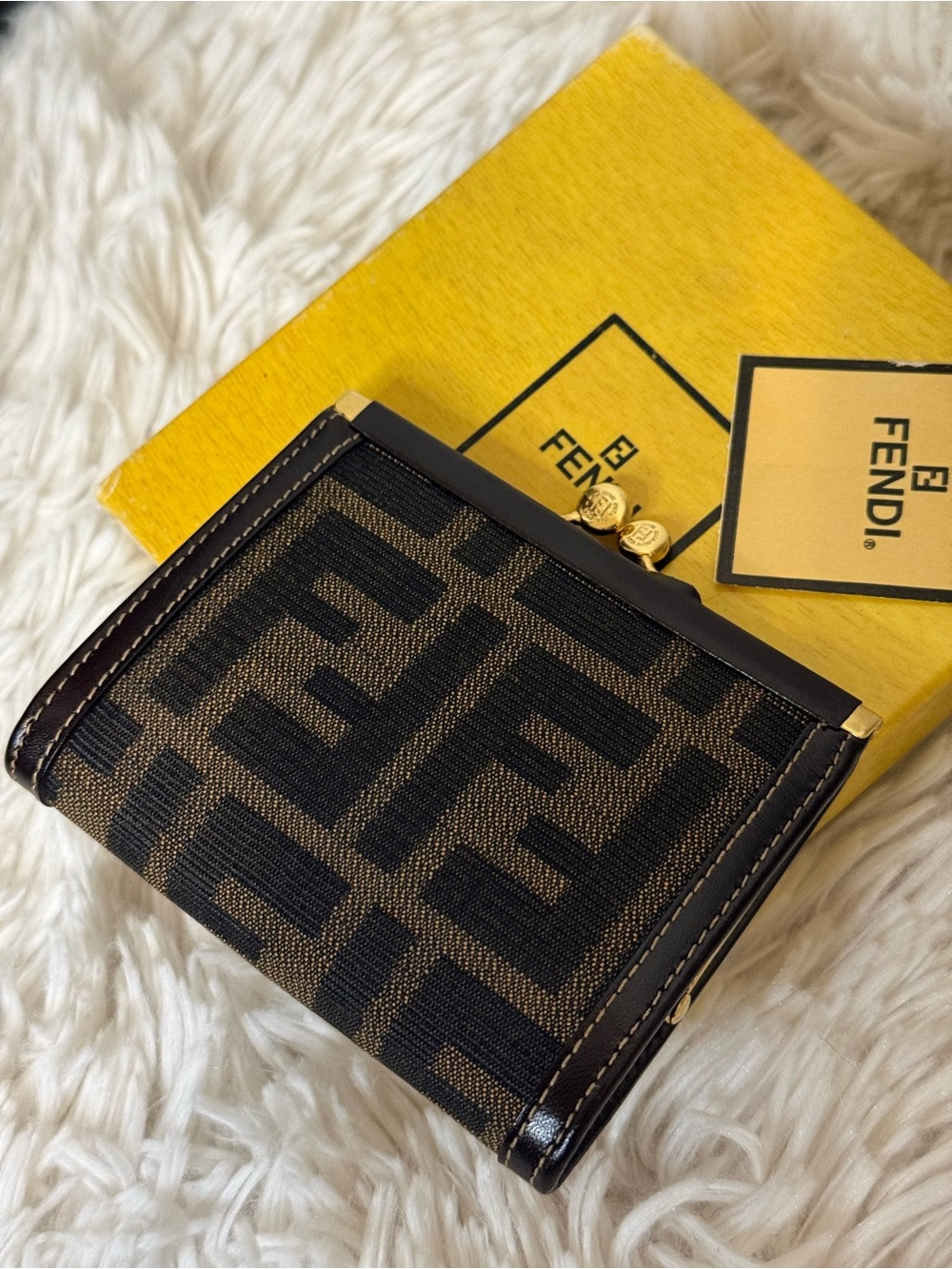 Fendi Zucca Canvas Leather-Trim Kisslock Wallet  With COA